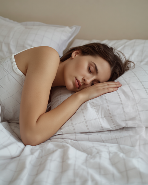 A person asleep on the Nexora Ground sheet, the conductive silver grid visible in the weave