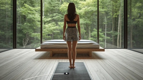 A woman standing barefoot on a Nexora grounding mat, with the connector and cord visible, in a room facing a forest.