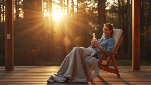 Woman relaxing under the Nexora grounding blanket on a timber deck at sunrise