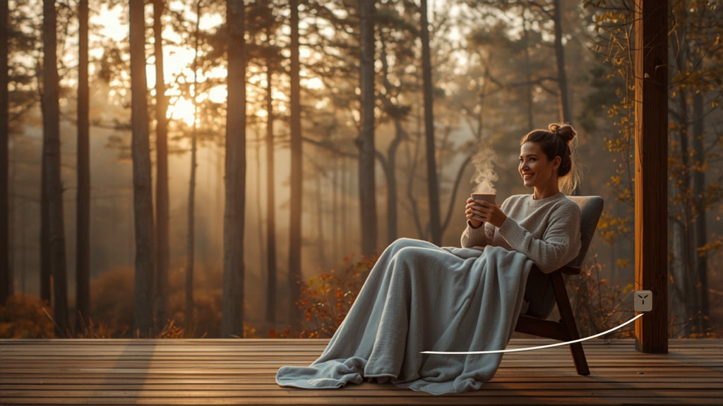 A woman on a deck at sunrise with the Nexora grounding blanket over her lap.