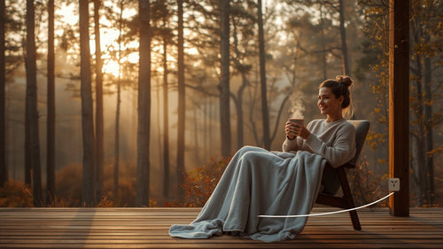 A woman on a deck at sunrise with the Nexora grounding blanket over her lap.